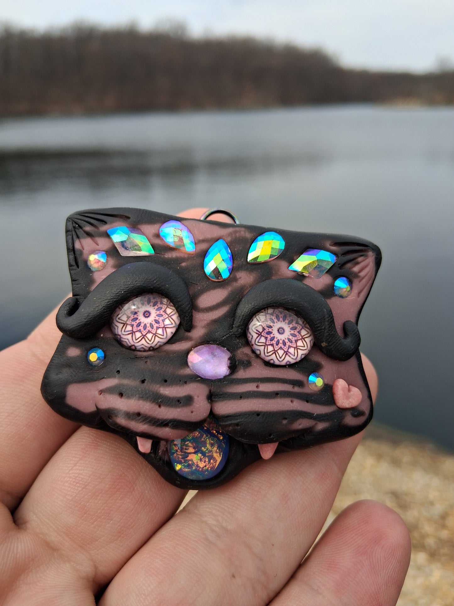 Pink Eclipse (Polymer Clay Cat Pendant)